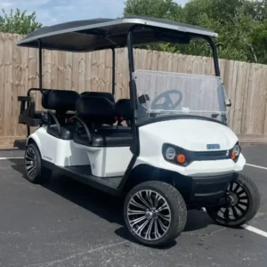 2025 E-Z-GO Express 6 ELiTE Lithium six-seater electric golf cart in Bright White, front three-quarter view