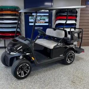2026 E-Z-GO RXV ELiTE Lithium in Black, 4-seater electric golf cart with grey seats, front three-quarter view