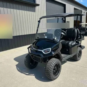 2027 E-Z-GO Express 4 Summit XT in Black, lifted 4-seater petrol golf cart, front three-quarter view