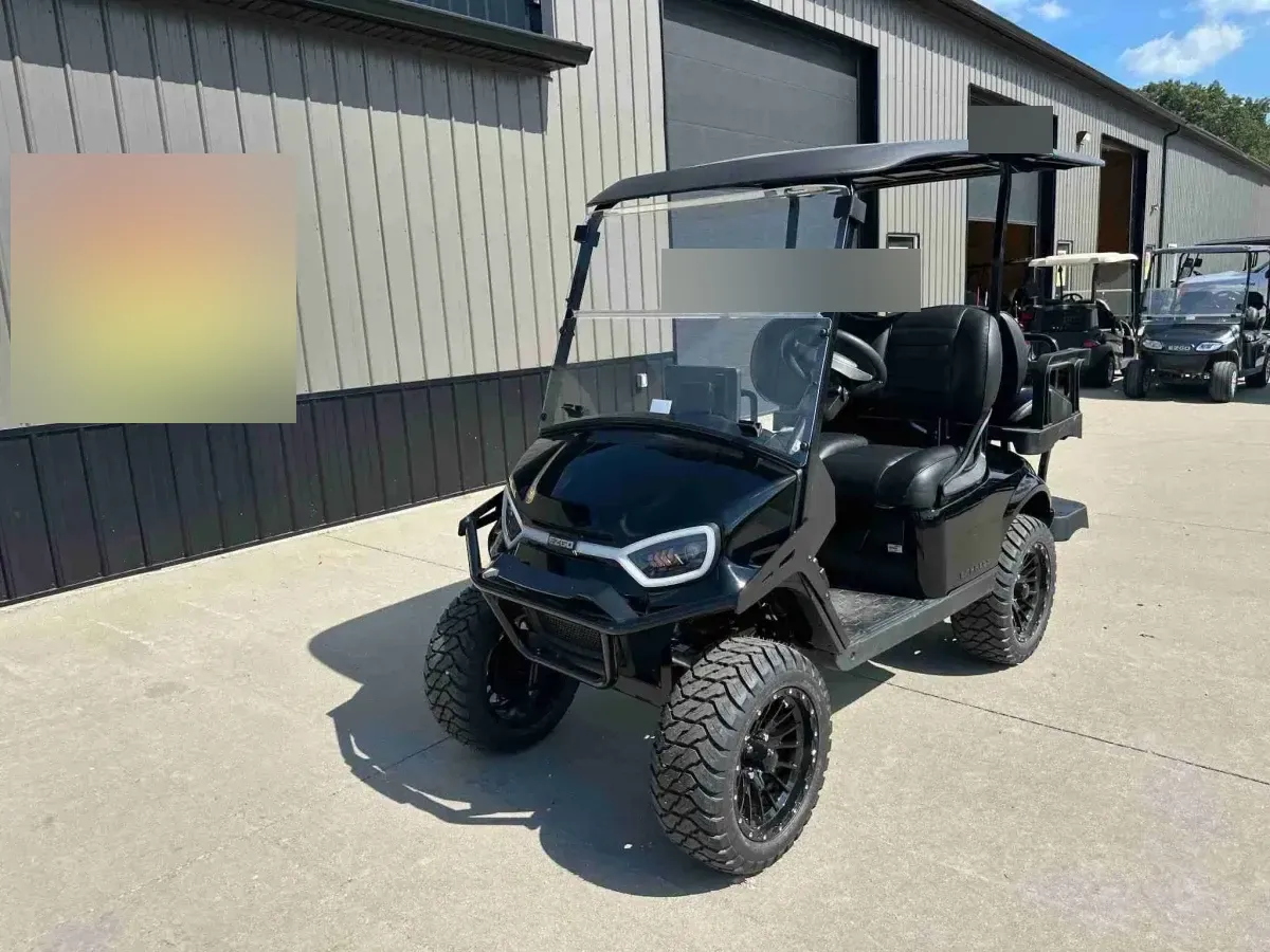 2027 E-Z-GO Express 4 Summit XT in Black, lifted 4-seater petrol golf cart, front three-quarter view
