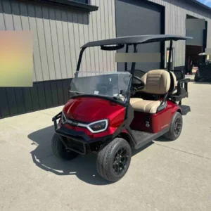 2027 E-Z-GO Express 4 Touring ST in Royal Red Metallic, 4-seater petrol golf cart, front three-quarter view