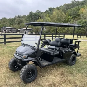 2027 E-Z-GO Express 6 Summit X lifted six-seater petrol golf cart in Black, front three-quarter view