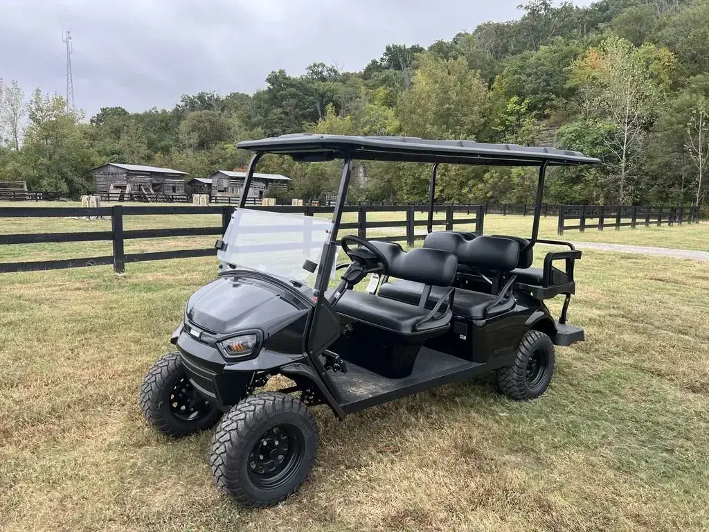 2027 E-Z-GO Express 6 Summit X lifted six-seater petrol golf cart in Black, front three-quarter view