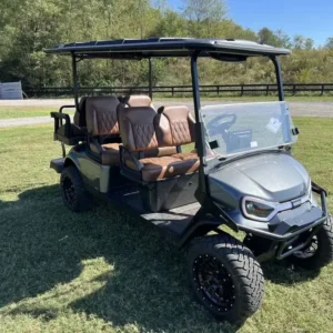 2027 E-Z-GO Express 6 Summit XTL ELiTE Lithium lifted six-seater golf cart in Metallic Charcoal, front three-quarter view