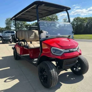2027 E-Z-GO Express 6 Touring ST 6-seater petrol golf cart in Royal Red Metallic, front three-quarter view