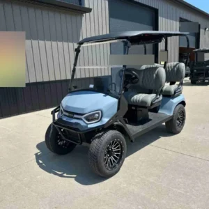 2027 E-Z-GO Liberty ELiTE Lithium in Ocean Grey, forward-facing 4-seater lithium golf cart, front three-quarter view