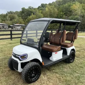 2027 E-Z-GO Liberty XTL ELiTE Lithium in Bright White, forward-facing 4-seater lithium golf cart with brown seats, front three-quarter view