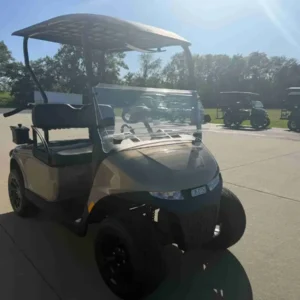 2027 E-Z-GO RXV Touring ELiTE Lithium in Bronze, 2-seater lithium golf cart with windscreen, front three-quarter view