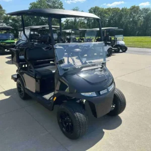 2027 E-Z-GO Valor S+ four-seater petrol golf cart in Black, front three-quarter view