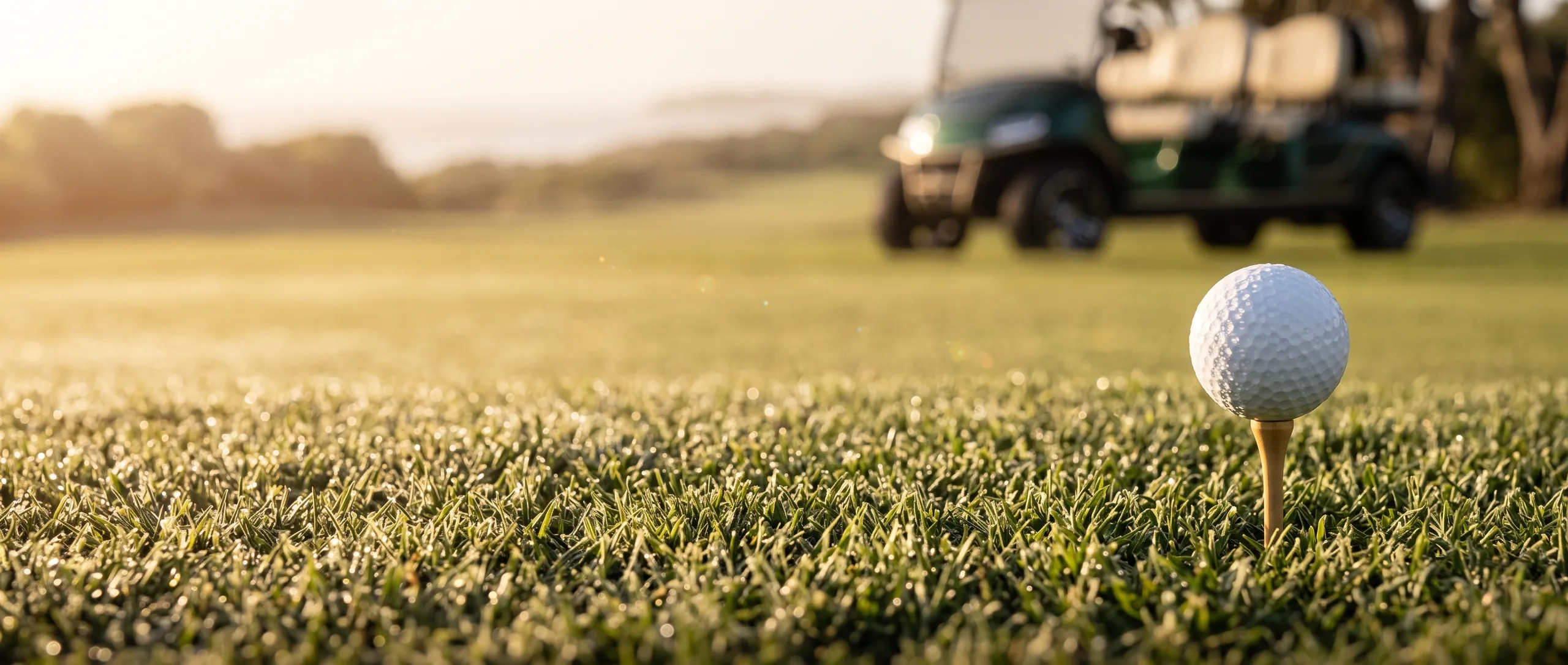 Golf ball on a tee in the fairway with a luxury golf cart in the background