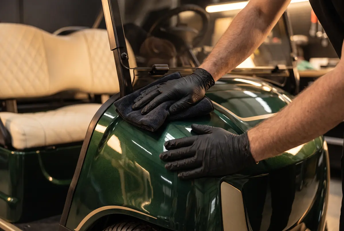 Gloved hands polishing the forest green paint of a premium golf cart