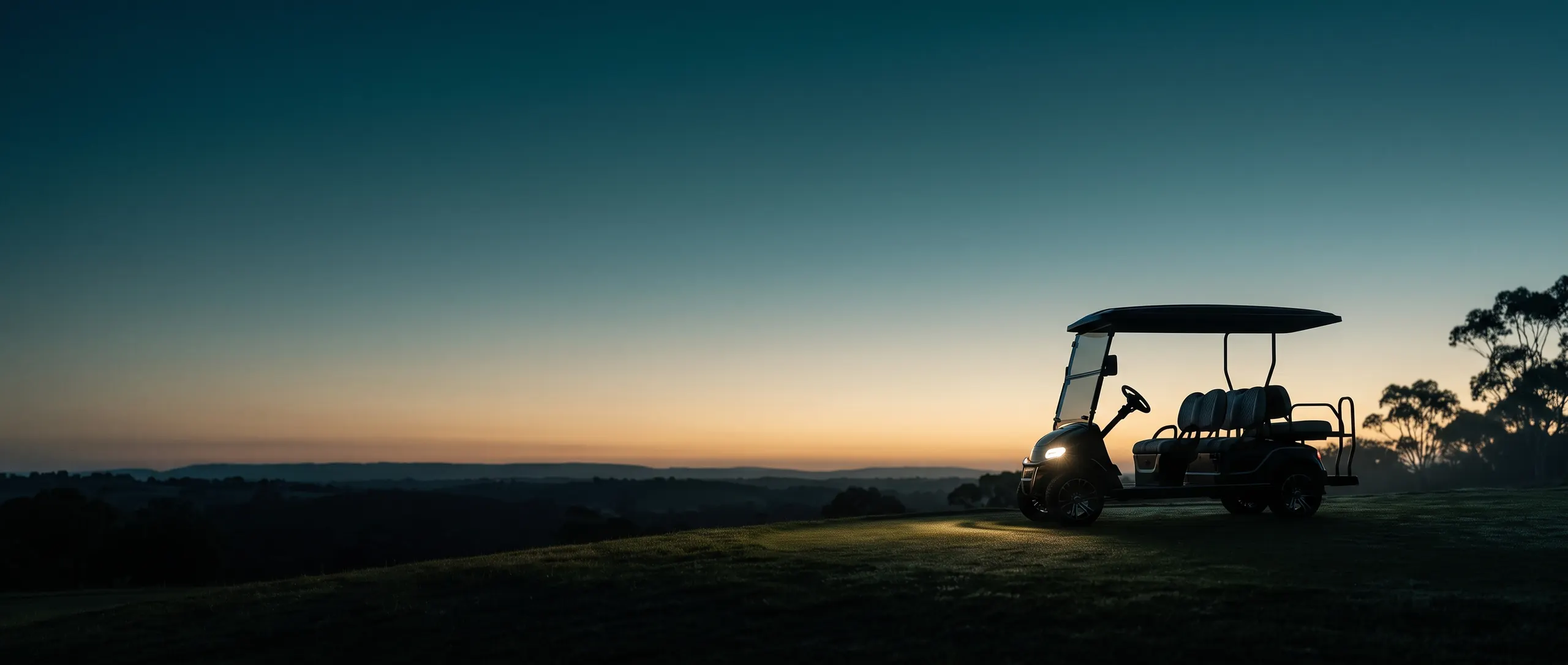 Golf cart with headlights on at twilight on a hilltop fairway