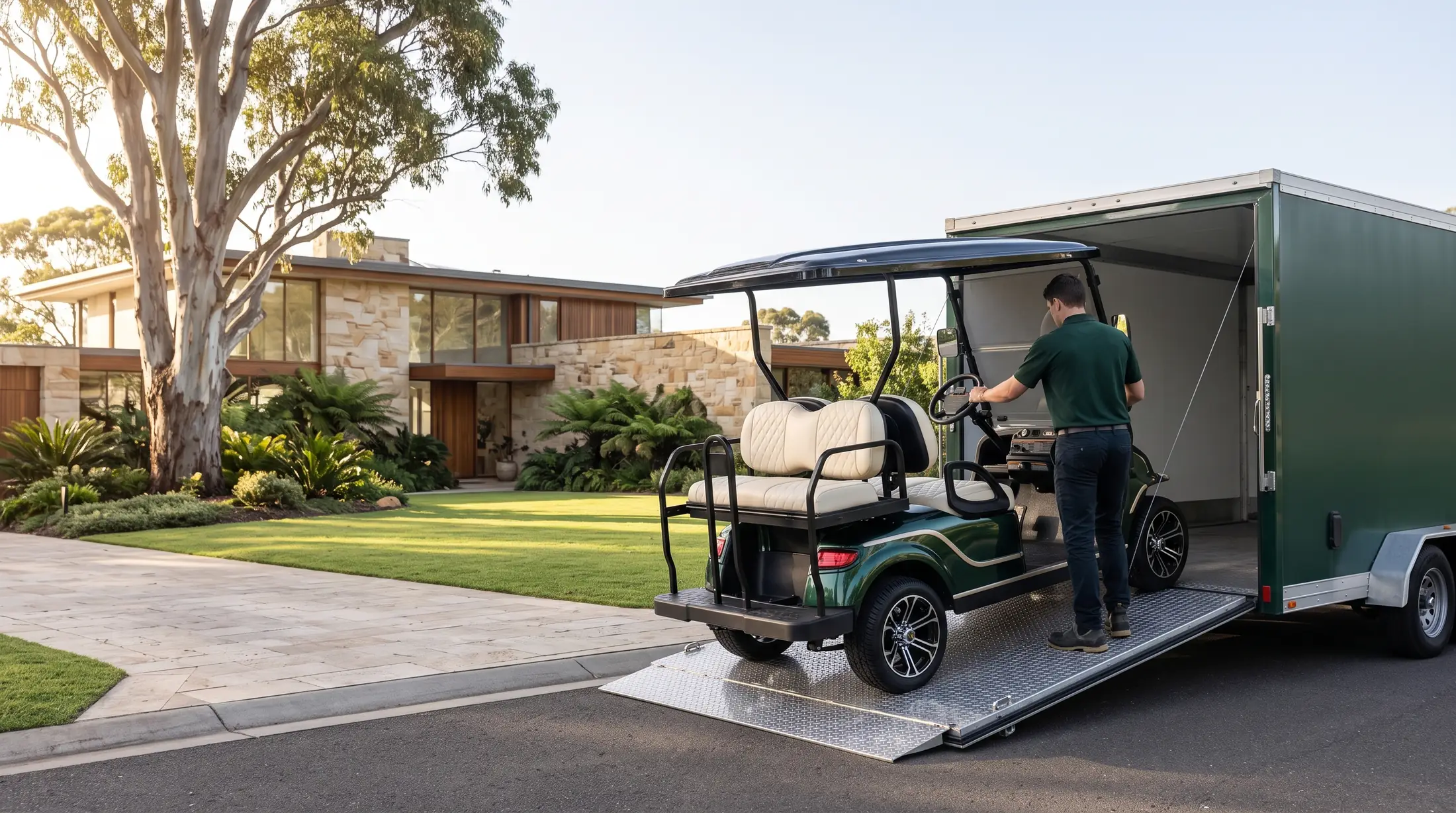 Golf cart being unloaded from an enclosed trailer at a luxury Australian home
