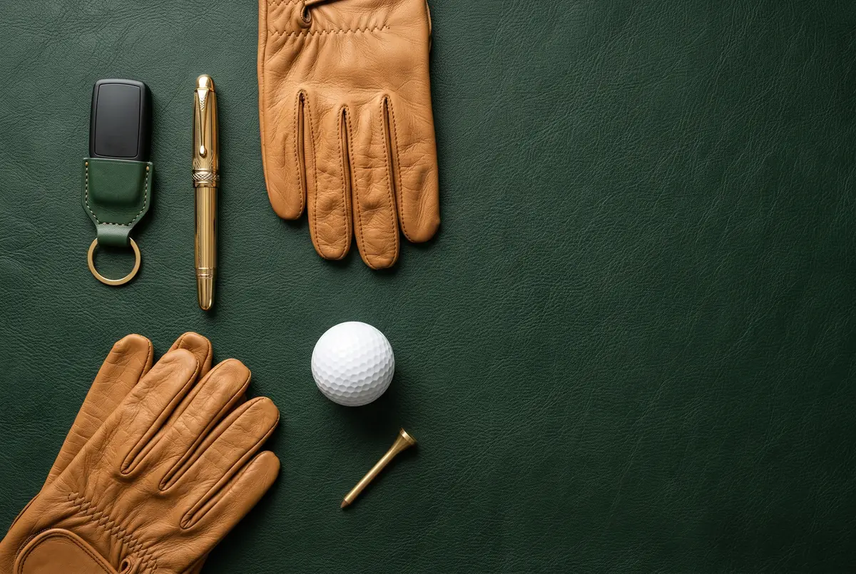 Golf cart key fob, leather golf gloves, golf ball and tee on green leather