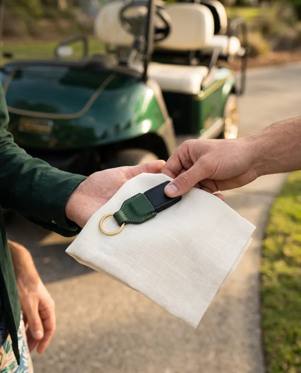 Golf cart key fob handed over on an ivory cloth during white-glove delivery