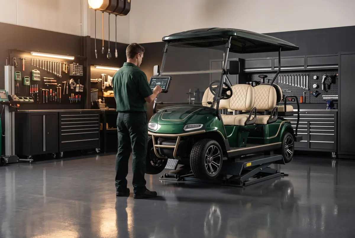 Technician running diagnostics on a golf cart in a service workshop