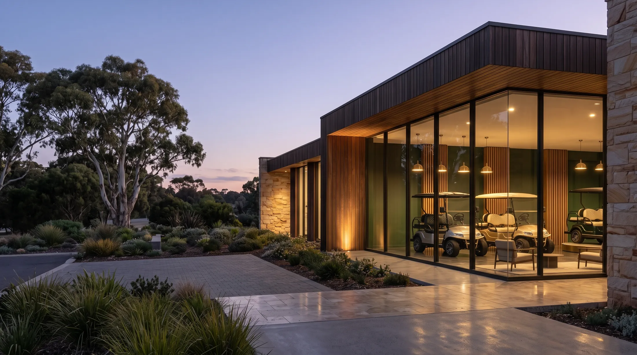 Modern golf cart showroom with glass walls and golf carts inside at dusk