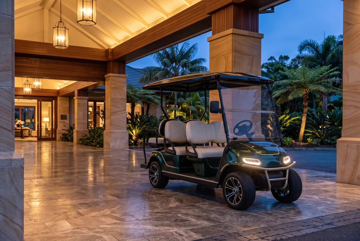 Luxury golf cart at the entrance of a five-star resort at dusk