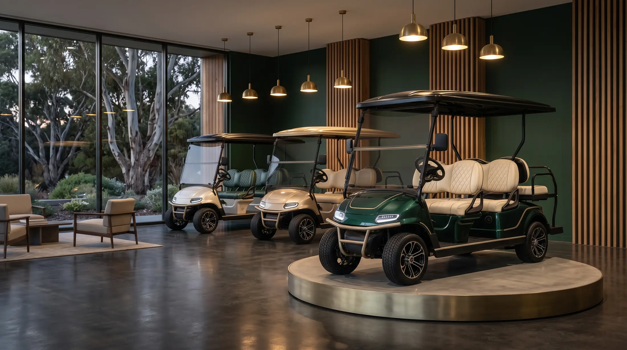 Luxury golf cart showroom with a forest green cart on a display plinth