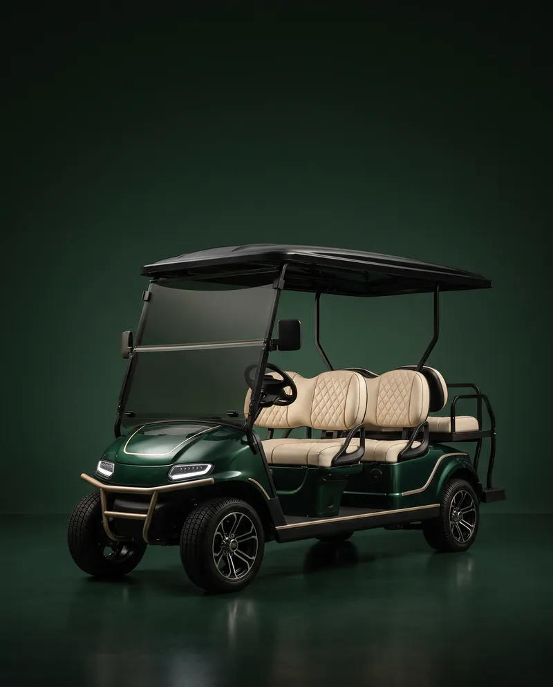 Premium 4-seater electric golf cart in forest green with quilted ivory seats